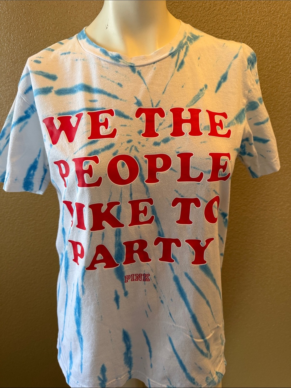 PINK Victoria's Secret Blue Tie-Dye Tee with Red Party Graphic
